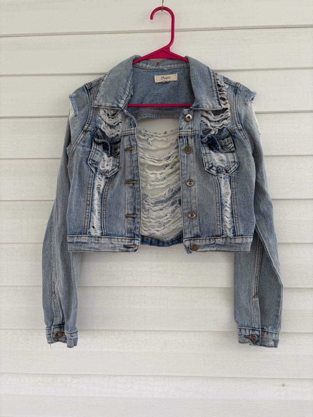 Cropped Distressed Denim Jacket Blue Classic Jean Jacket Casual Layering Staple
